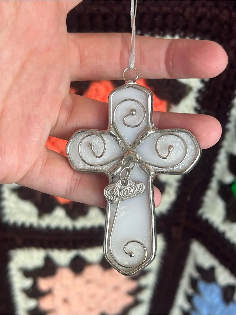 White Stained Glass Style Cross Ornament Silver Tone Scrollwork Peace Charm